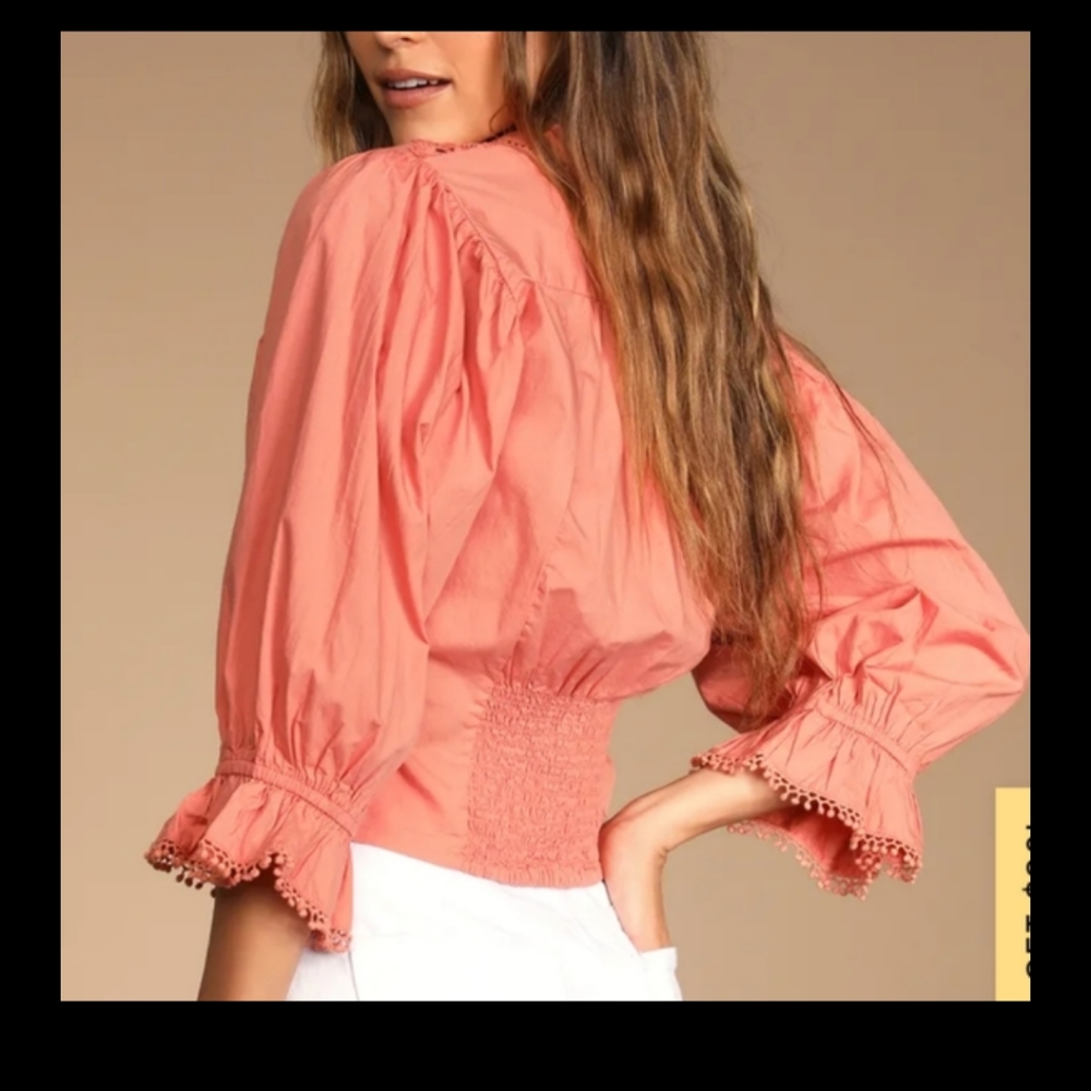 Free People Coral Lace-Trim Button Down Blouse - Picture 3 of 8